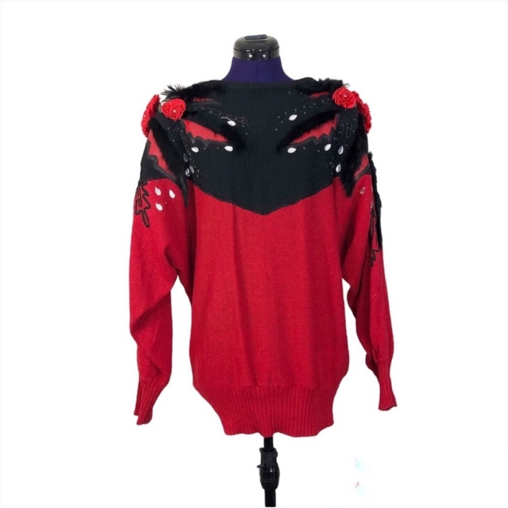 Vintage 80s Colorblock Knit Sweater Red Black Rosette Faux Fur Sweater